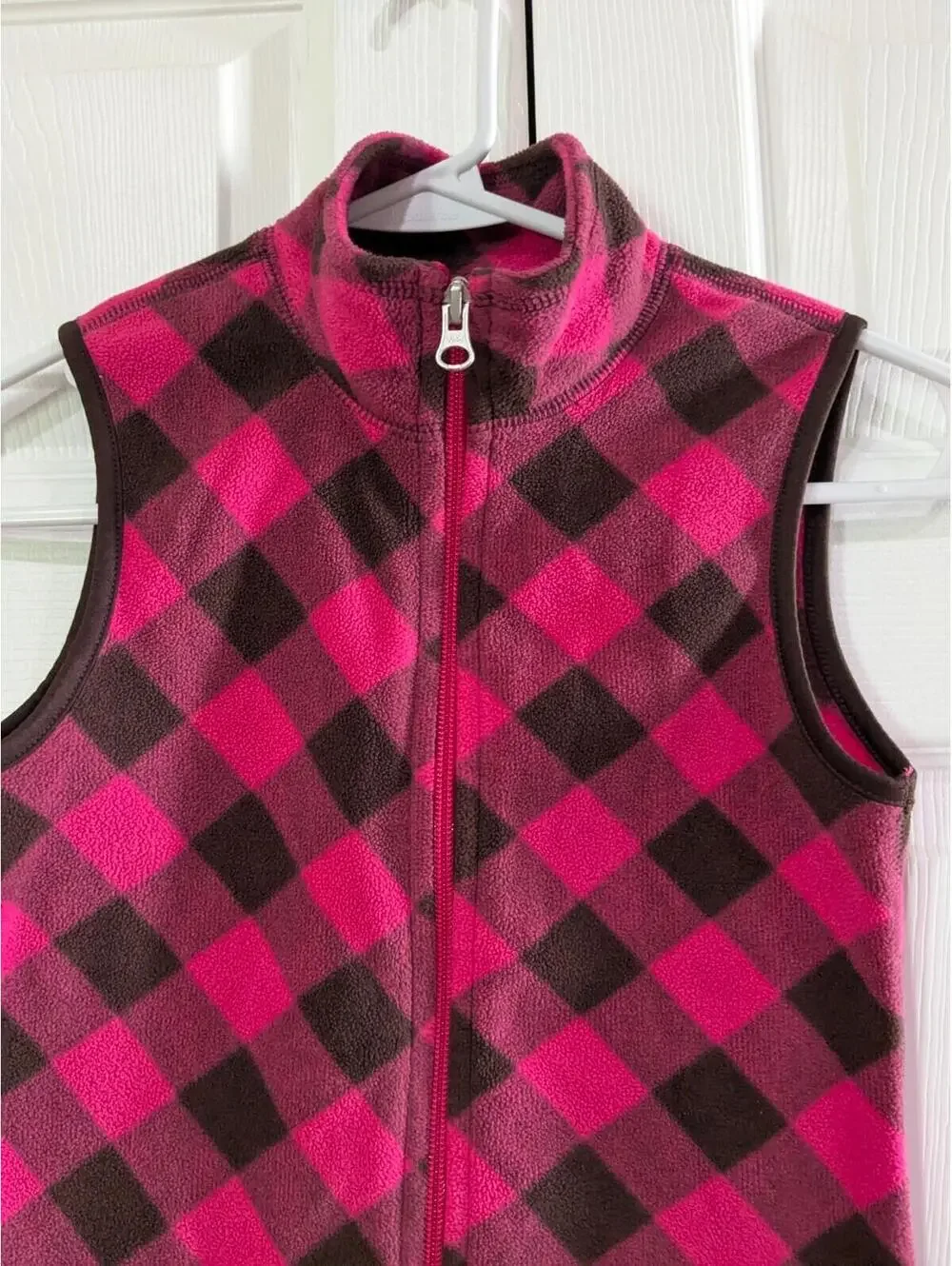 Old Navy Girls Vest Pink Brown Buffalo Plaid Fleece M (8) 2010 Zip Front